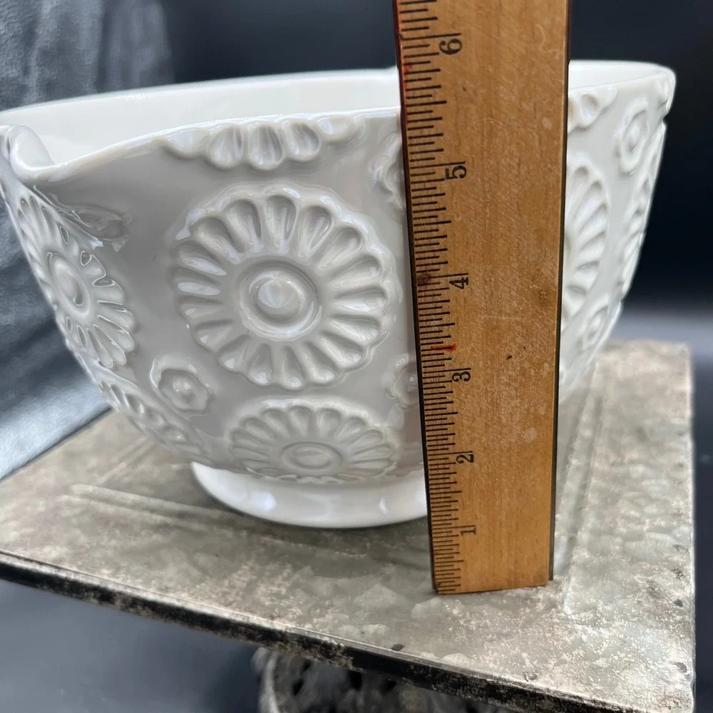 Ciroa Vintage Bake Shop White Stoneware Mixing Bowl Floral Embossed Pour Spout